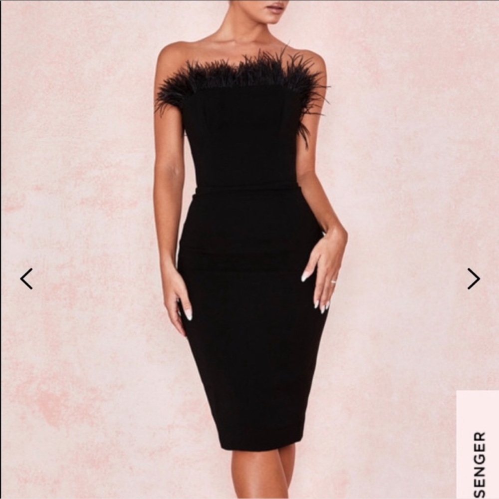 House of CB Strapless Midi Feather Bodycon Dress